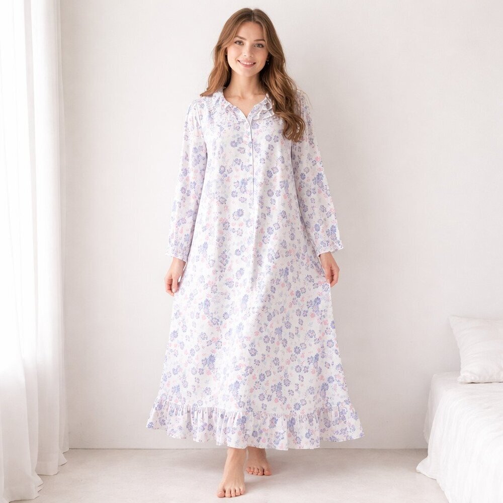 Lady Gloria Flannel 100% Cotton Floral Long Sleeve Nightgown L